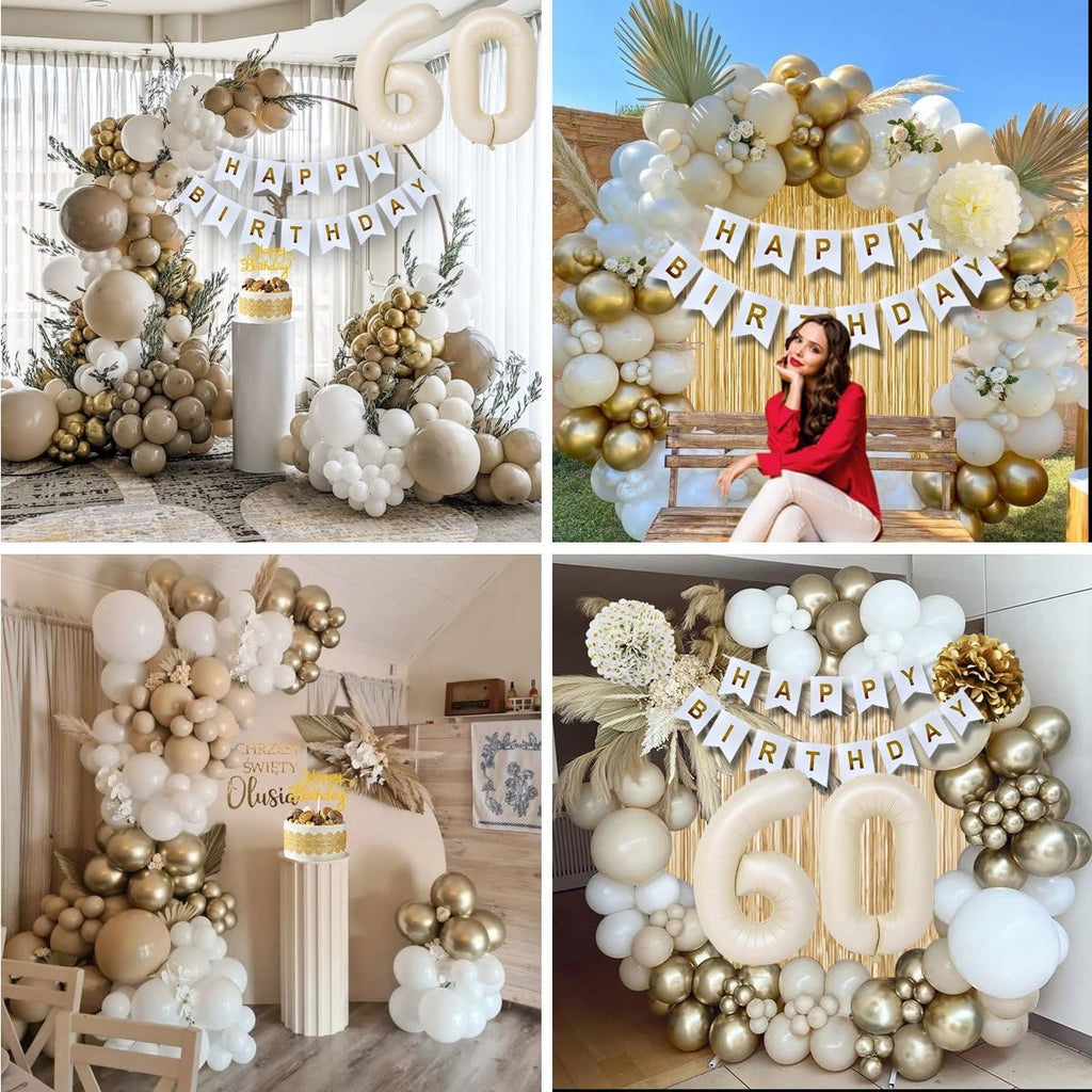 KISPATTI 60th Birthday Decorations Kit - White and Gold Balloons, Banner, Tablecloth & Cake Topper
