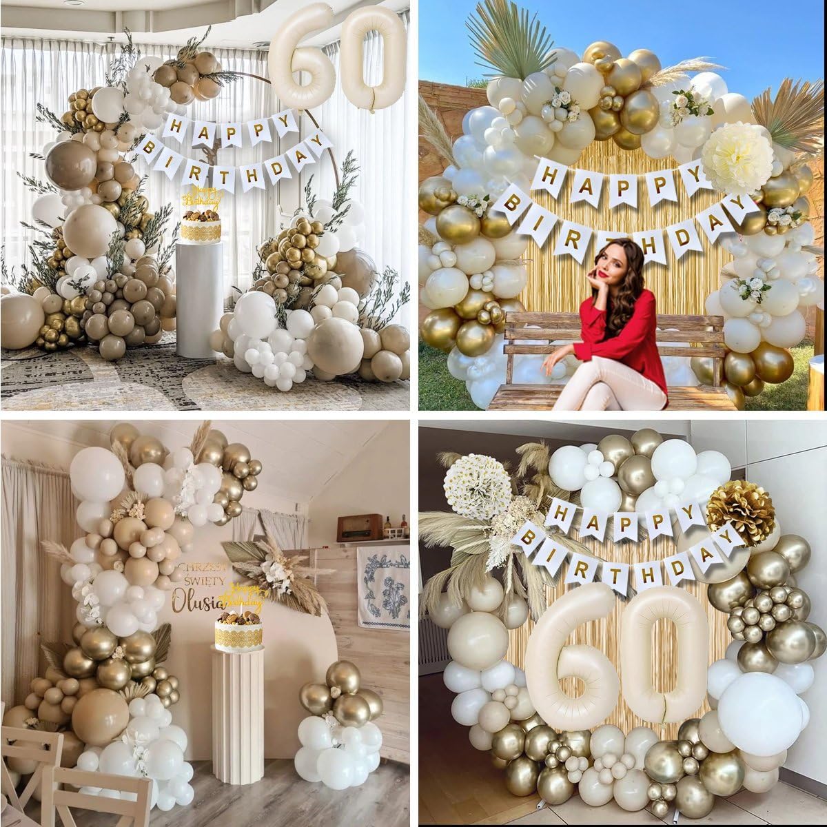 KISPATTI 60th Birthday Decorations Kit - White and Gold Balloons, Banner, Tablecloth & Cake Topper