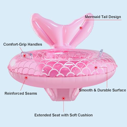 KISSHAKE Pink Mermaid Baby Float: Toddler Swim Trainer with Padded Seat & Handles for Ages 6-36 Months