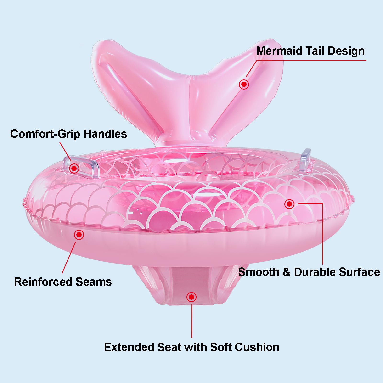 KISSHAKE Pink Mermaid Baby Float: Toddler Swim Trainer with Padded Seat & Handles for Ages 6-36 Months