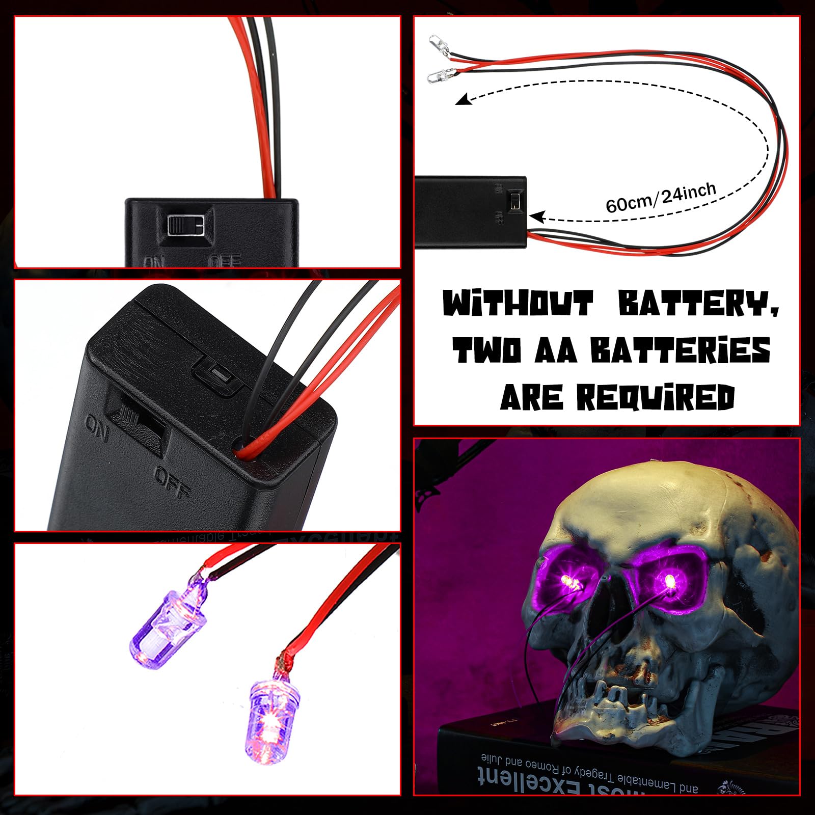 Kittmip 12-Pack Halloween LED Glowing Eyes for Masks - 6 Colors, 24-Inch Wires, Battery Operated