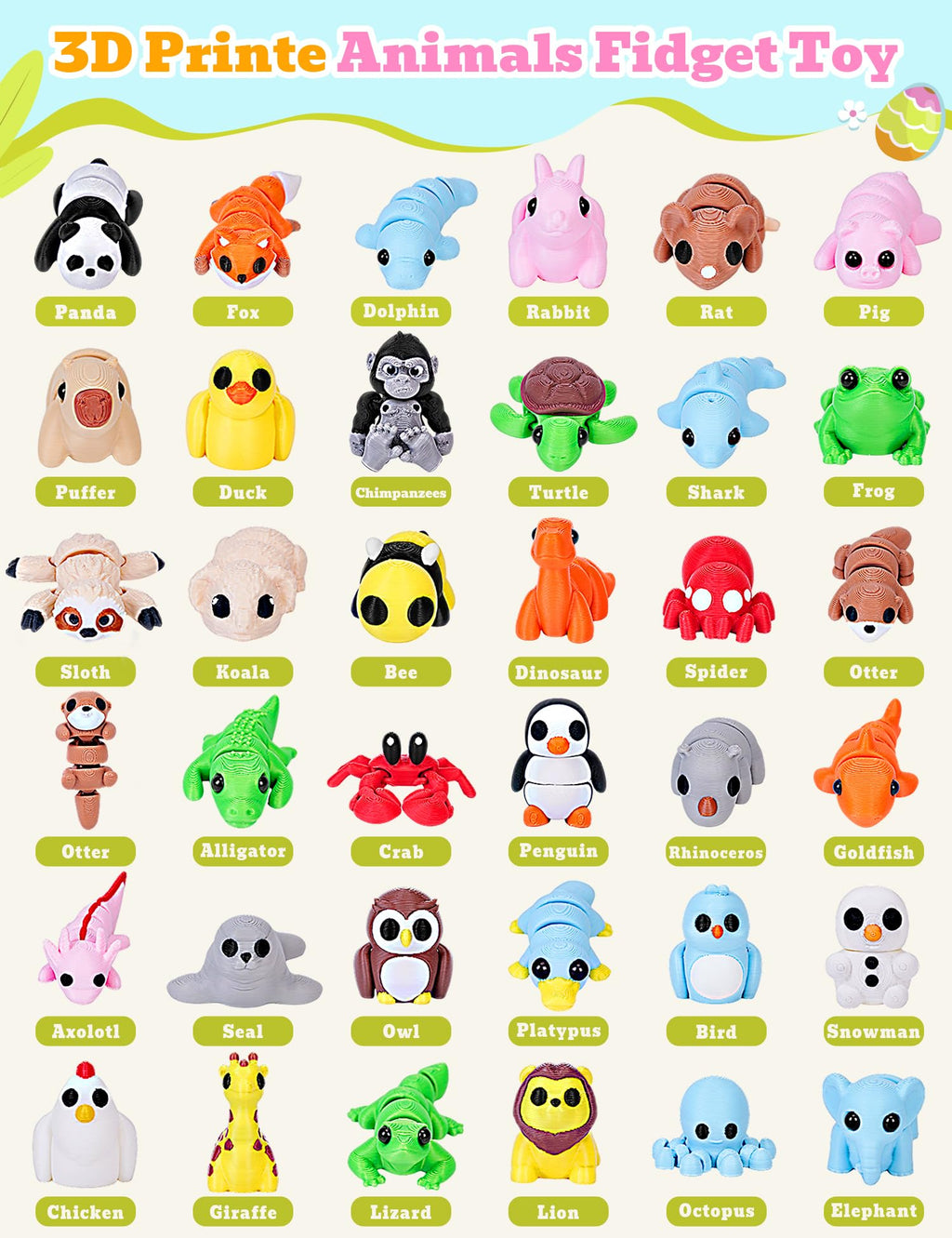 KittyCode 36PCS Mini 3D Printed Animal Figurines – Articulated Fidget Toys, Desk Pets for Stress Relief & Classroom Rewards