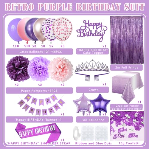 Kiyiusan Purple Birthday Decorations Set – 65-Piece Party Kit with Balloons, Banner, Pom Poms, Crown & More for Women and Girls