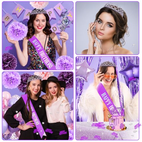 Kiyiusan Purple Birthday Decorations Set – 65-Piece Party Kit with Balloons, Banner, Pom Poms, Crown & More for Women and Girls