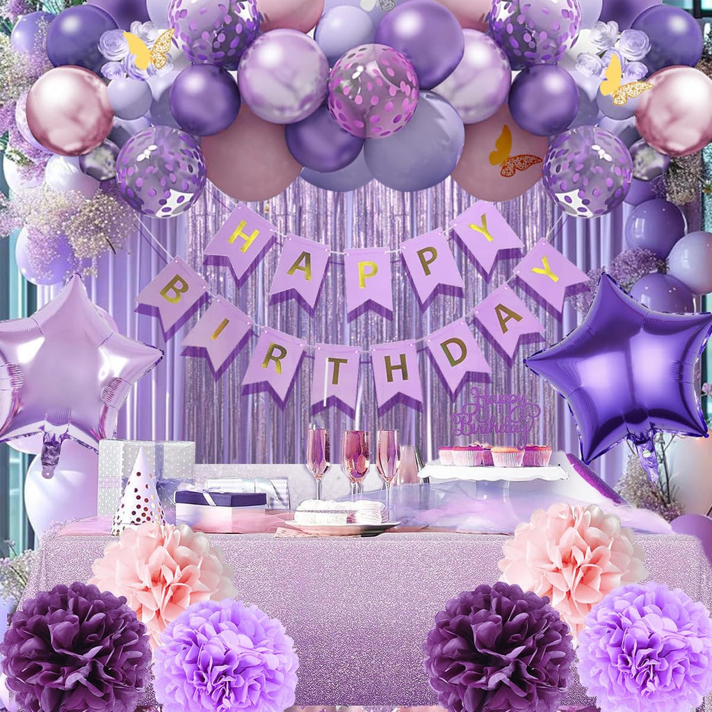 Kiyiusan Purple Birthday Decorations Set – 65-Piece Party Kit with Balloons, Banner, Pom Poms, Crown & More for Women and Girls