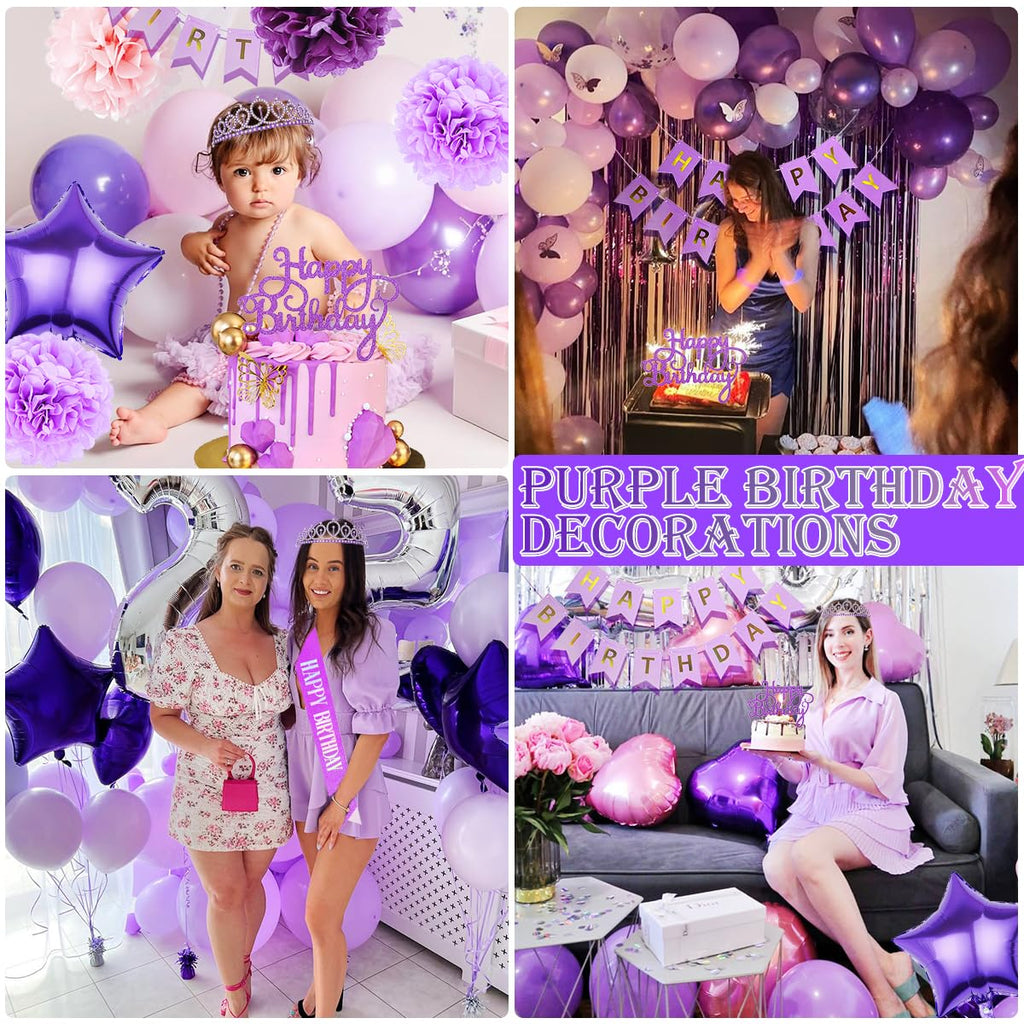 Kiyiusan Purple Birthday Decorations Set – 65-Piece Party Kit with Balloons, Banner, Pom Poms, Crown & More for Women and Girls