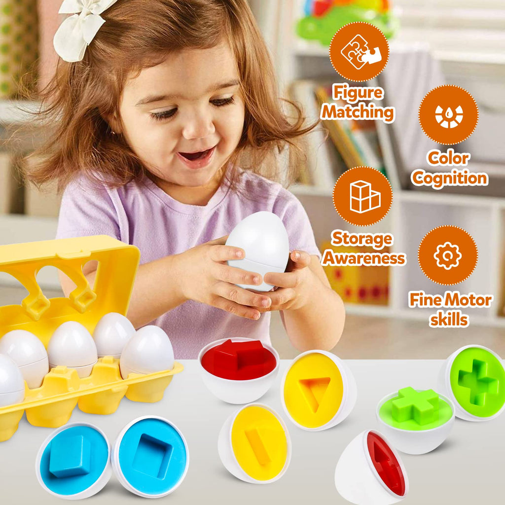 kizh 12-Piece Matching Eggs Toy for Toddlers: Color & Shape Recognition, Montessori Learning, Travel-Friendly