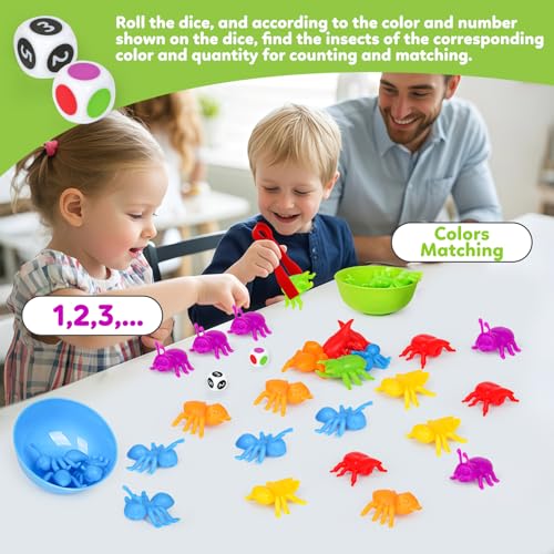 Kizh Counting Insects Matching Toy with Sorting Bowls and Dice – Montessori Preschool Learning Activity for Fine Motor Skills, Ages 3-5