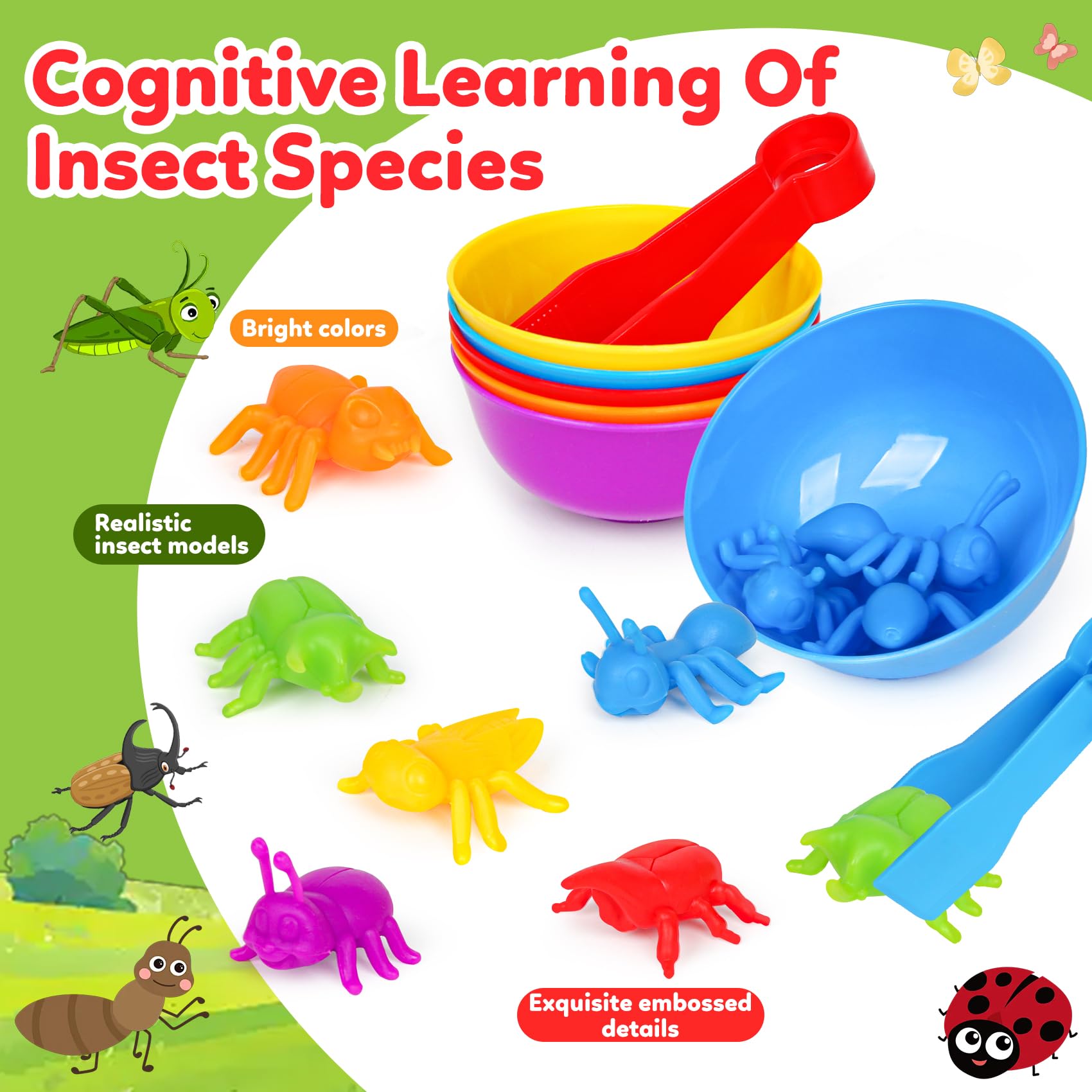 Kizh Counting Insects Matching Toy with Sorting Bowls and Dice – Montessori Preschool Learning Activity for Fine Motor Skills, Ages 3-5