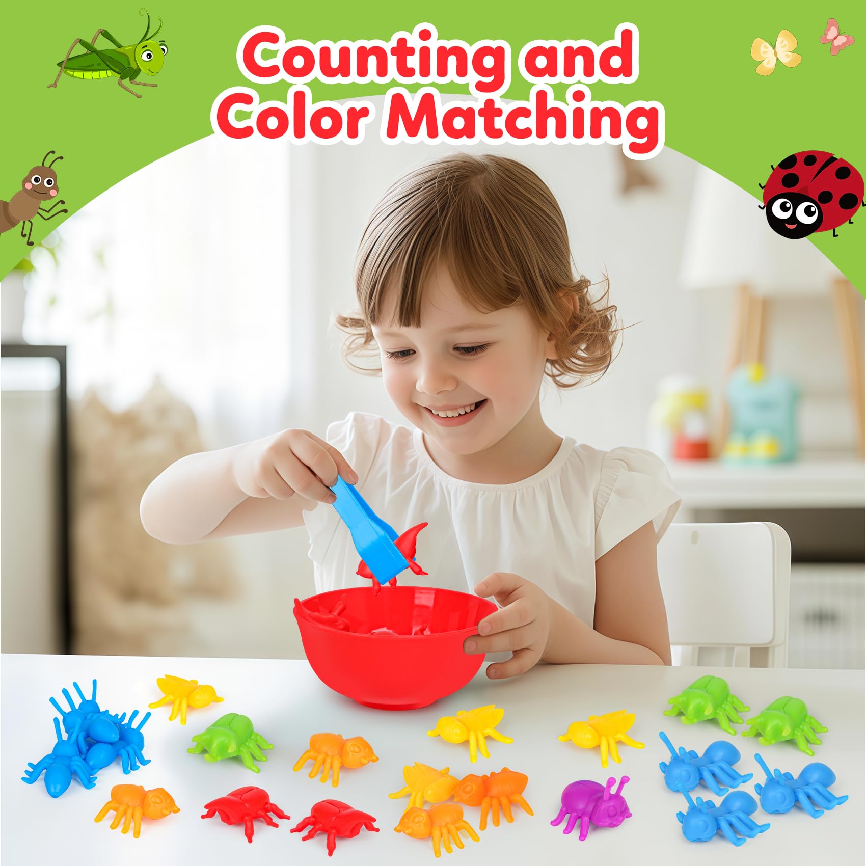 Kizh Counting Insects Matching Toy with Sorting Bowls and Dice – Montessori Preschool Learning Activity for Fine Motor Skills, Ages 3-5