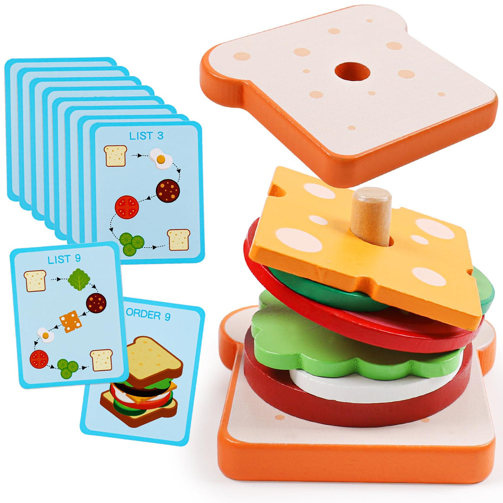 Kizh Wooden Sandwich Stacking Toys – Montessori Pretend Play Food Set for Toddlers