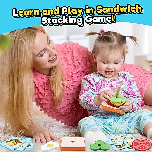 Kizh Wooden Sandwich Stacking Toys – Montessori Pretend Play Food Set for Toddlers