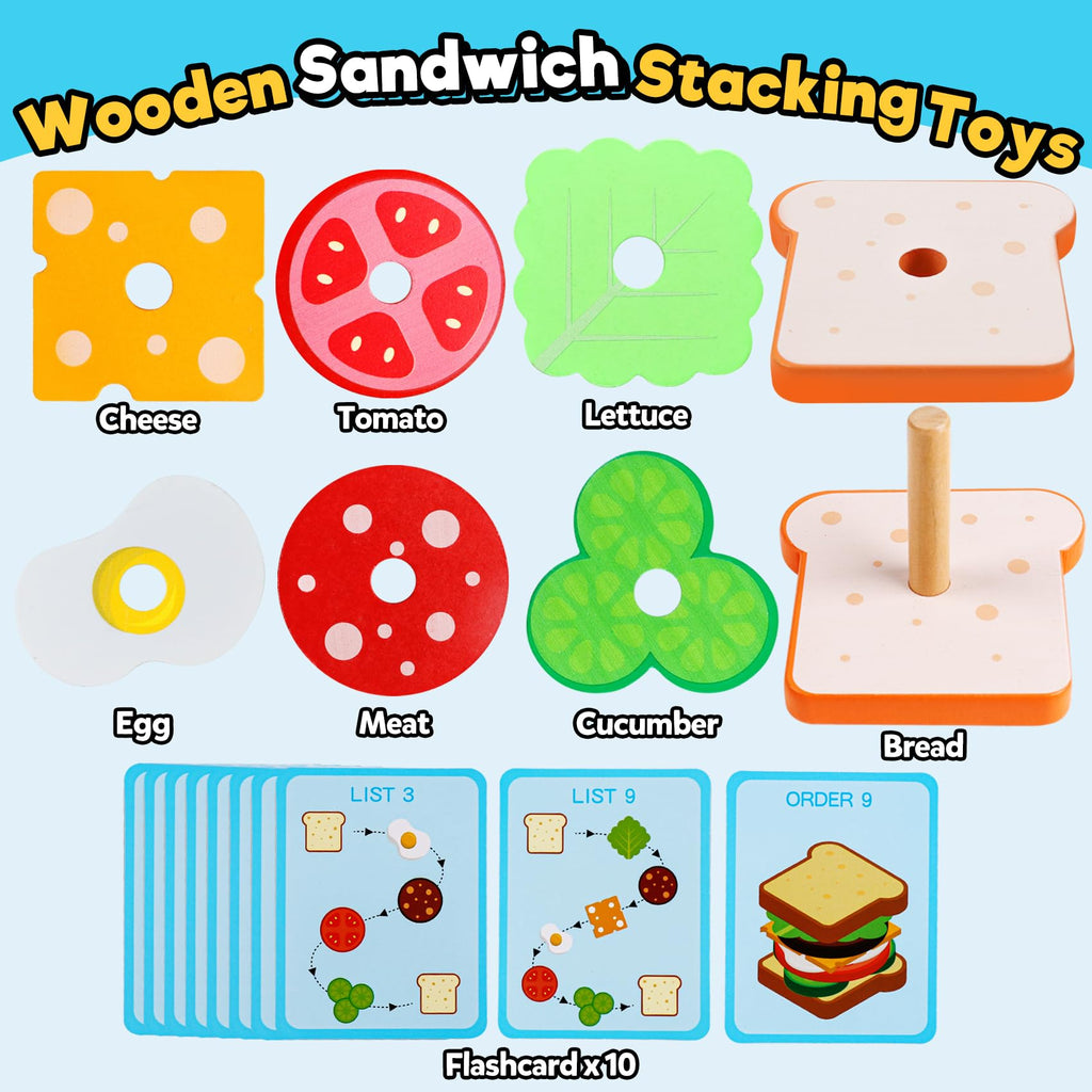 Kizh Wooden Sandwich Stacking Toys – Montessori Pretend Play Food Set for Toddlers