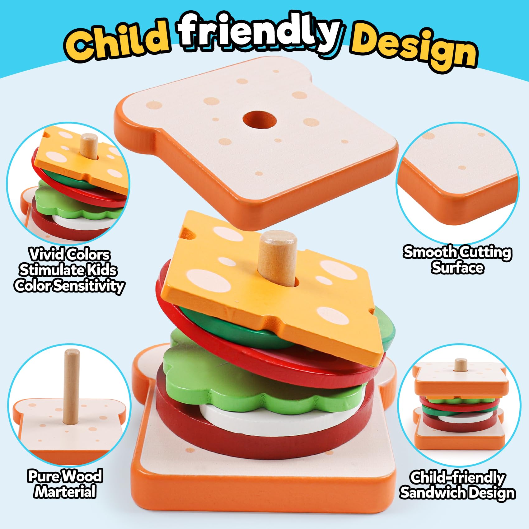 Kizh Wooden Sandwich Stacking Toys – Montessori Pretend Play Food Set for Toddlers