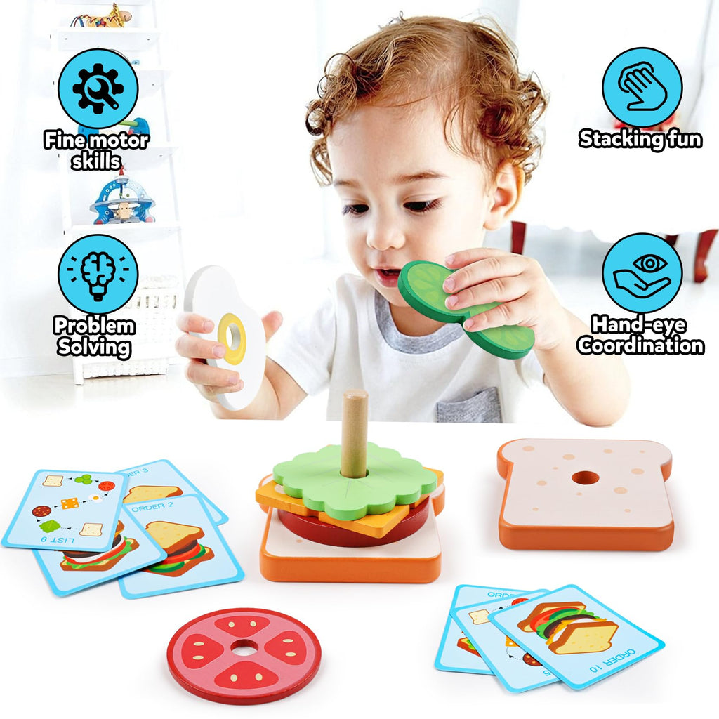 Kizh Wooden Sandwich Stacking Toys – Montessori Pretend Play Food Set for Toddlers