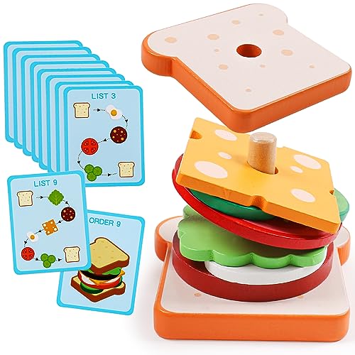 Kizh Wooden Sandwich Stacking Toys – Montessori Pretend Play Food Set for Toddlers