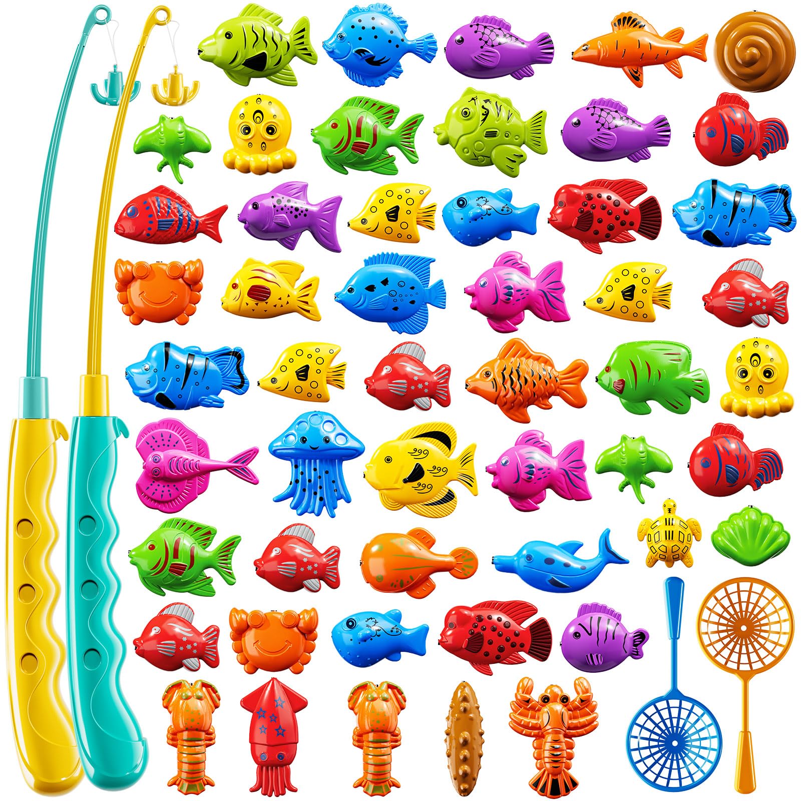 KIZONLY Magnet Fishing Game for Kids Ages 3-8 – 51 Fish, 2 Poles, 2 Nets – Bath & Pool Toy