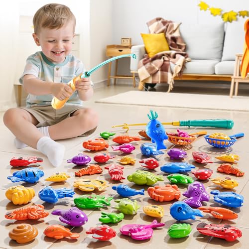 KIZONLY Magnet Fishing Game for Kids Ages 3-8 – 51 Fish, 2 Poles, 2 Nets – Bath & Pool Toy
