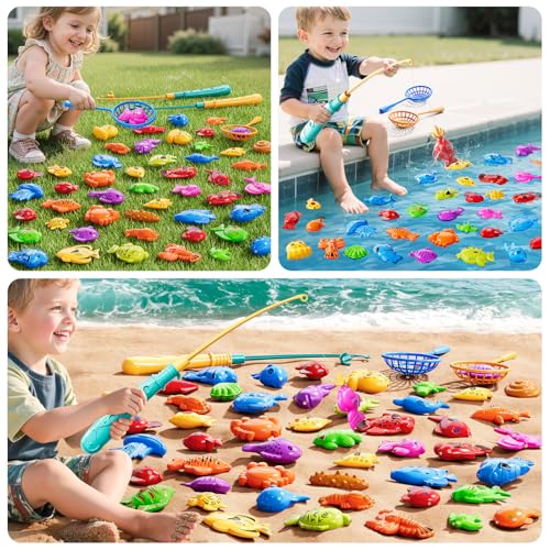 KIZONLY Magnet Fishing Game for Kids Ages 3-8 – 51 Fish, 2 Poles, 2 Nets – Bath & Pool Toy
