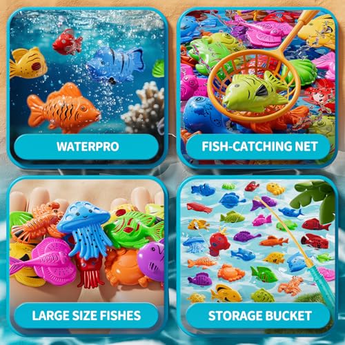 KIZONLY Magnet Fishing Game for Kids Ages 3-8 – 51 Fish, 2 Poles, 2 Nets – Bath & Pool Toy