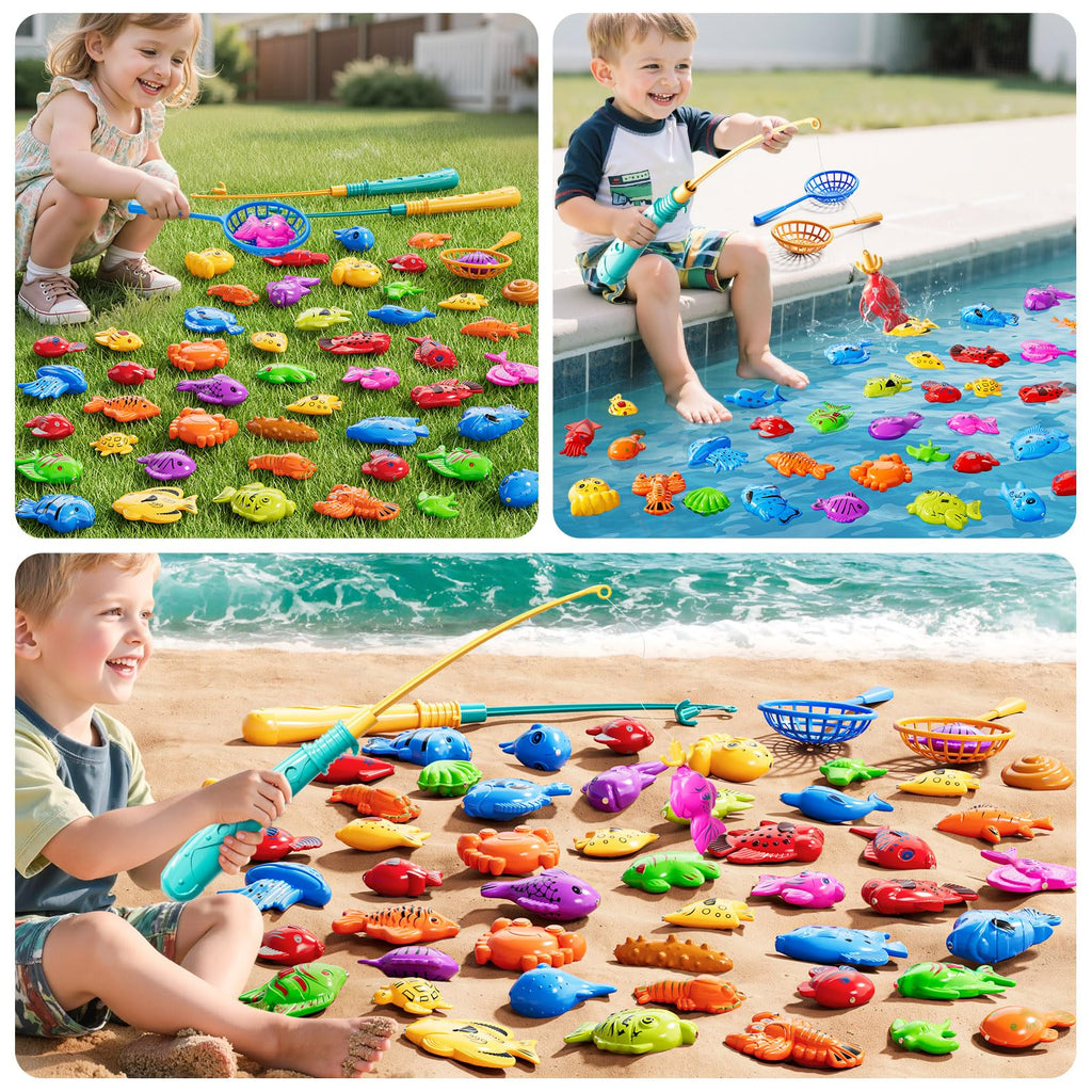 KIZONLY Magnet Fishing Game for Kids Ages 3-8 – 51 Fish, 2 Poles, 2 Nets – Bath & Pool Toy