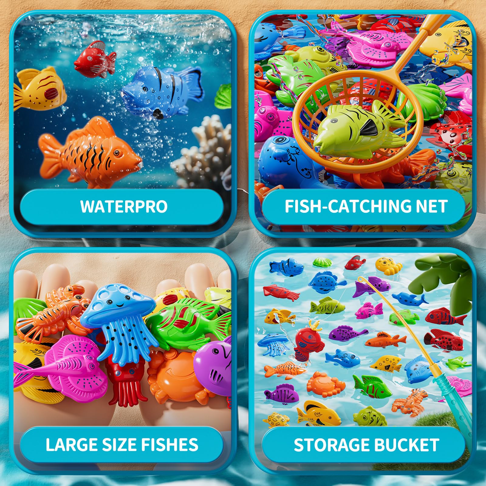 KIZONLY Magnet Fishing Game for Kids Ages 3-8 – 51 Fish, 2 Poles, 2 Nets – Bath & Pool Toy