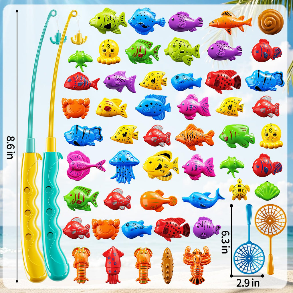 KIZONLY Magnet Fishing Game for Kids Ages 3-8 – 51 Fish, 2 Poles, 2 Nets – Bath & Pool Toy