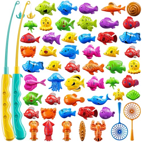 KIZONLY Magnet Fishing Game for Kids Ages 3-8 – 51 Fish, 2 Poles, 2 Nets – Bath & Pool Toy