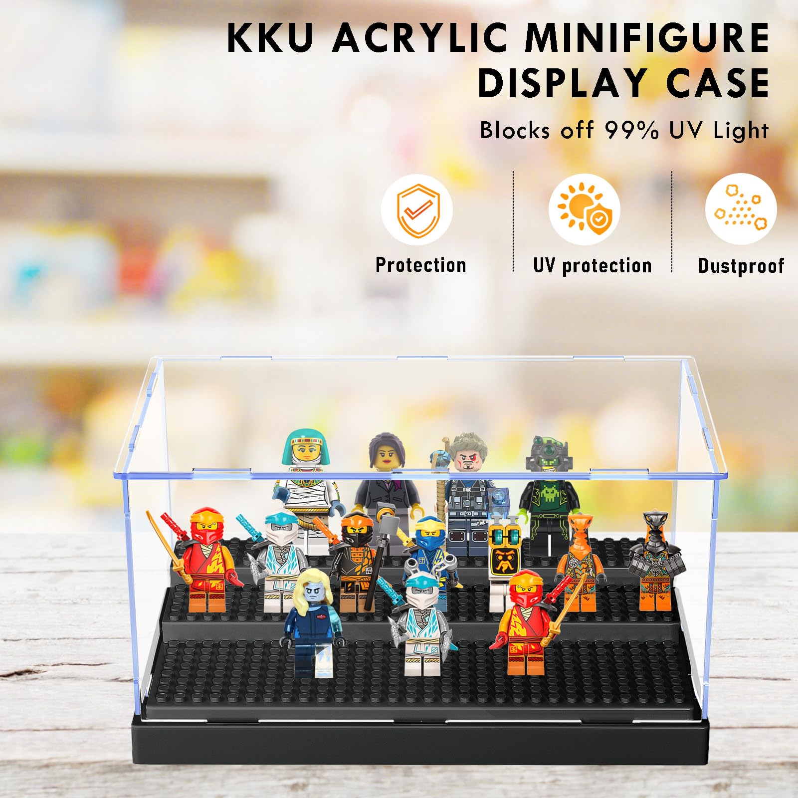 KKU Acrylic Minifigure Display Case with 3 Movable Steps – Holds Up to 35 Figures, Clear Storage Box for Action Figures and Building Blocks