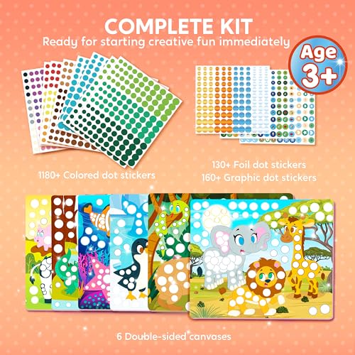 Klever Kits Dot Art Kit for Kids - 12 Animal Pictures with Over 1470 Stickers, No Mess Craft Activity, Travel Toy Gift for Ages 3-7