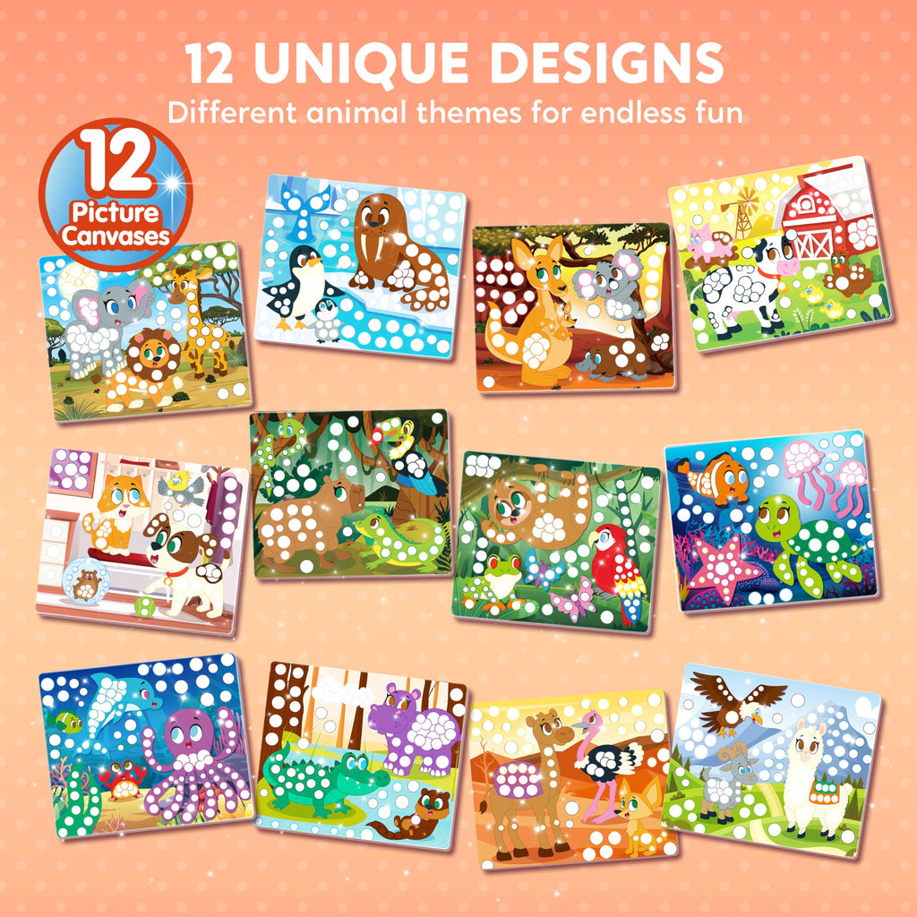 Klever Kits Dot Art Kit for Kids - 12 Animal Pictures with Over 1470 Stickers, No Mess Craft Activity, Travel Toy Gift for Ages 3-7