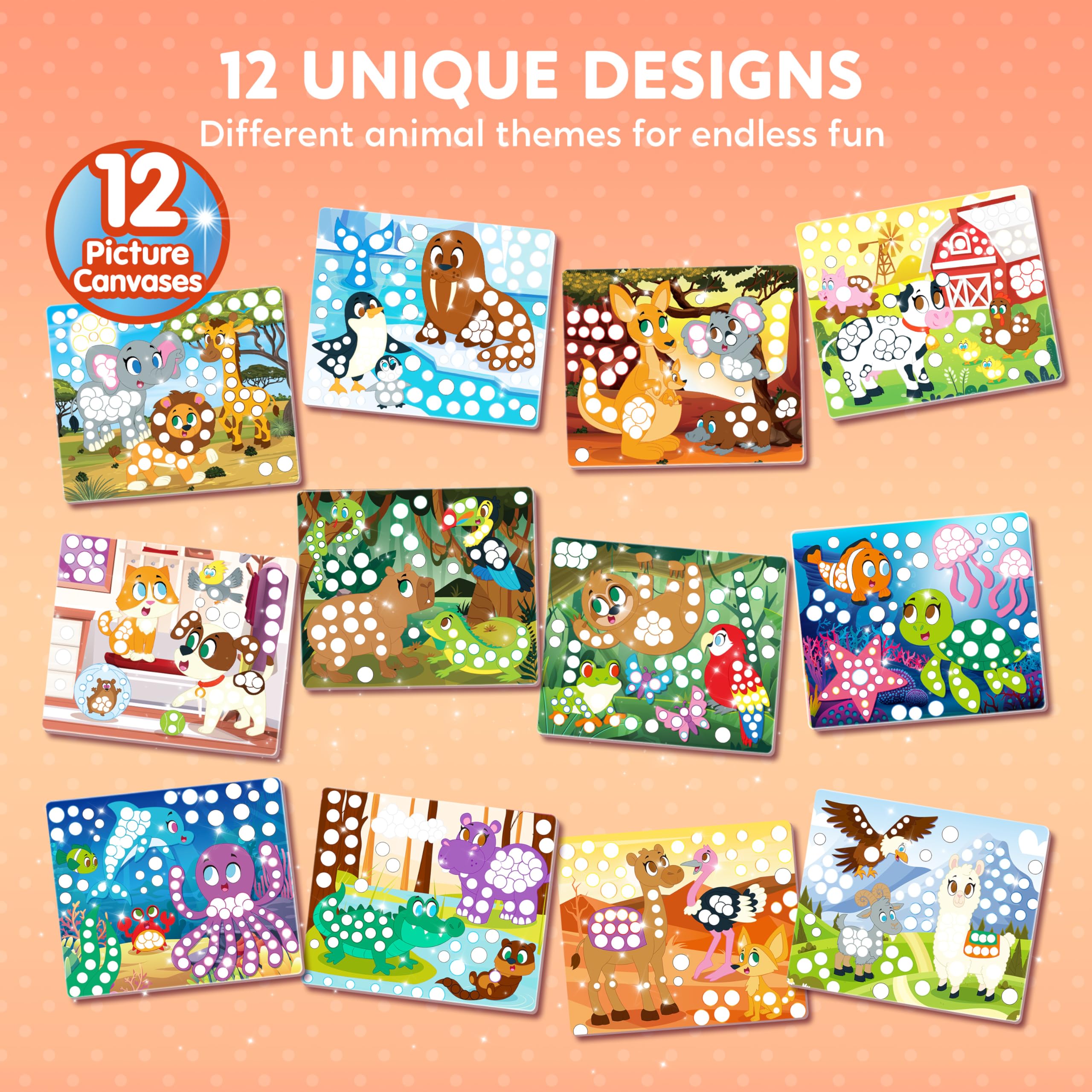 Klever Kits Dot Art Kit for Kids - 12 Animal Pictures with Over 1470 Stickers, No Mess Craft Activity, Travel Toy Gift for Ages 3-7