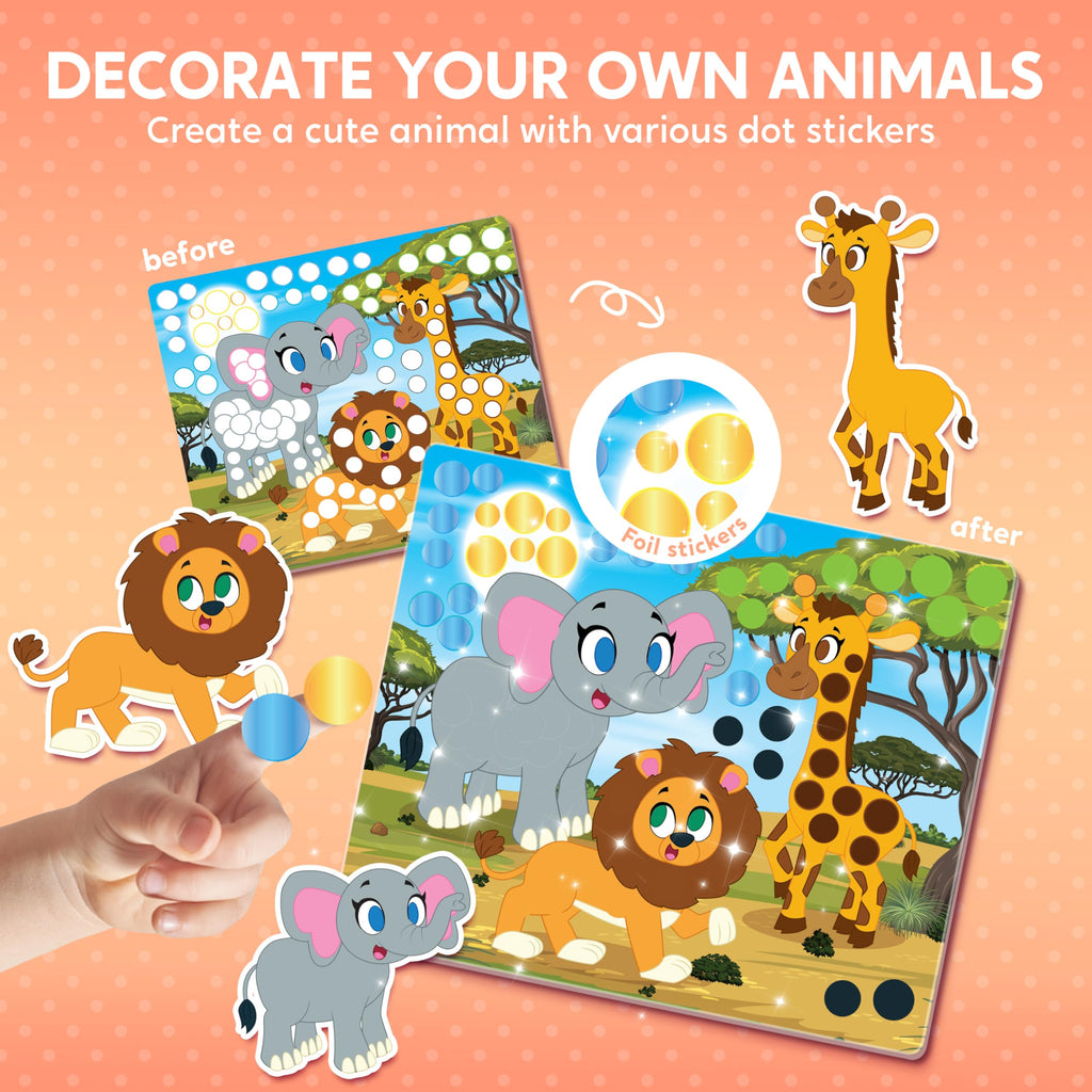 Klever Kits Dot Art Kit for Kids - 12 Animal Pictures with Over 1470 Stickers, No Mess Craft Activity, Travel Toy Gift for Ages 3-7