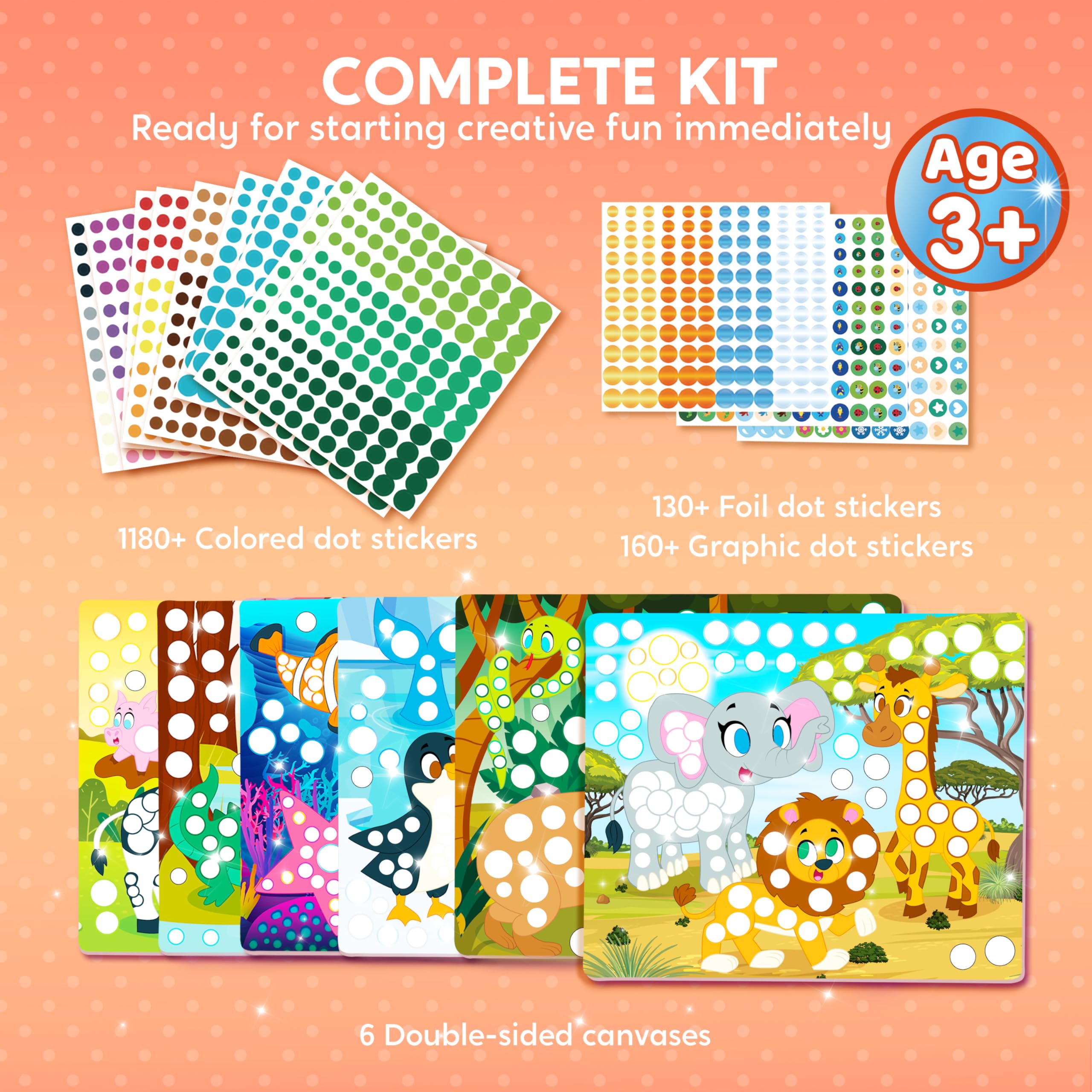 Klever Kits Dot Art Kit for Kids - 12 Animal Pictures with Over 1470 Stickers, No Mess Craft Activity, Travel Toy Gift for Ages 3-7