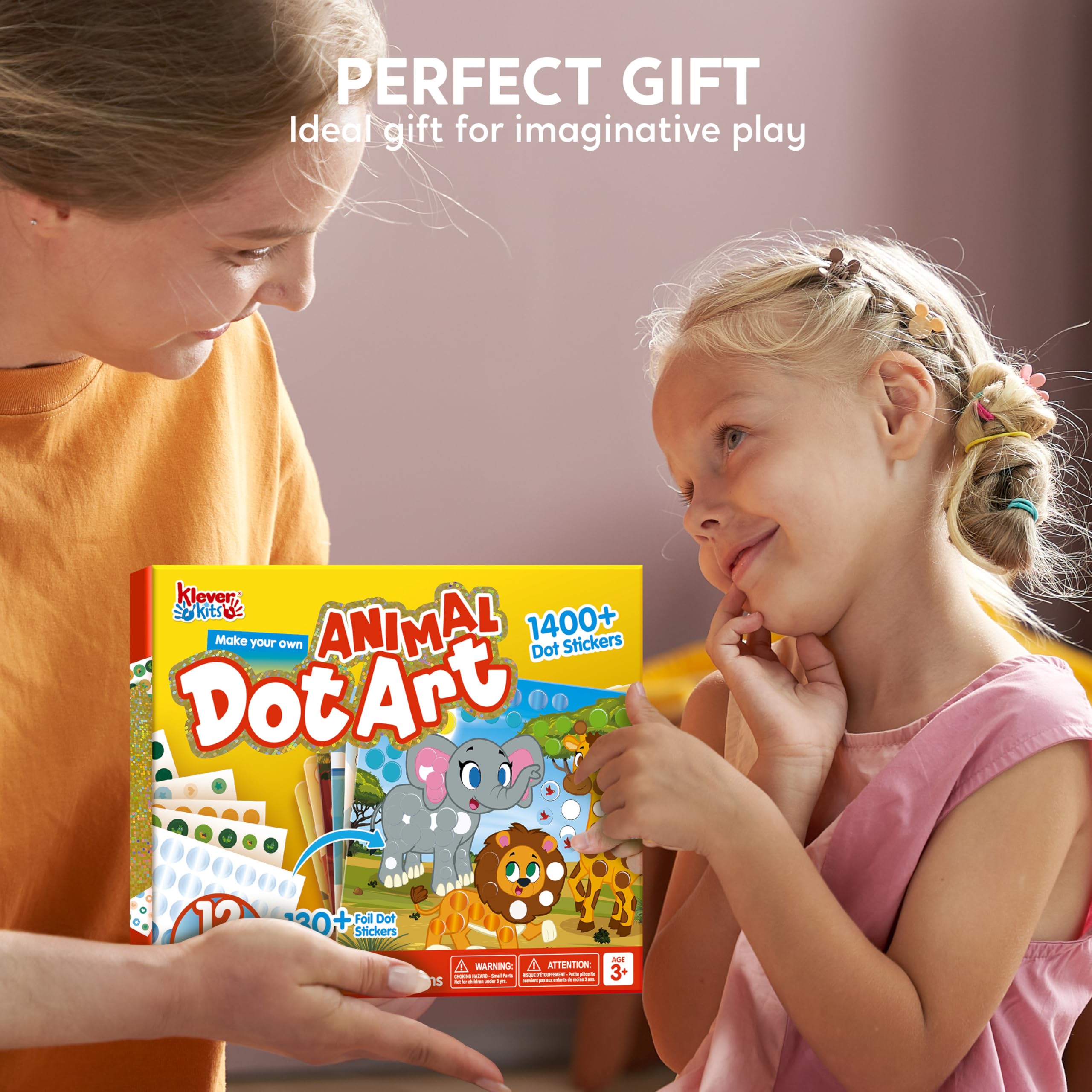 Klever Kits Dot Art Kit for Kids - 12 Animal Pictures with Over 1470 Stickers, No Mess Craft Activity, Travel Toy Gift for Ages 3-7
