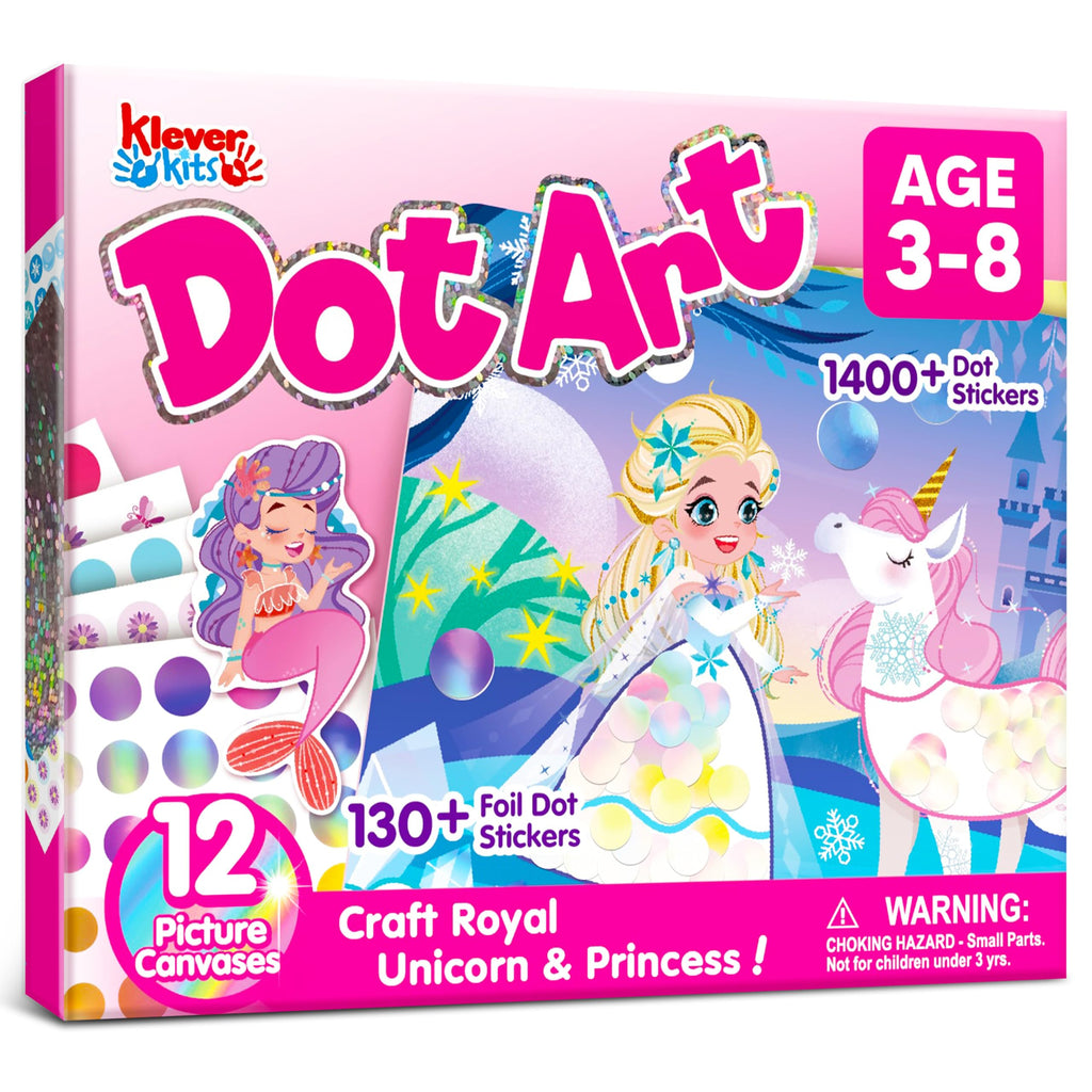 Klever Kits Princess Dot Art Kit – 12 Scenes, Over 1,180 Stickers, Mess-Free Craft for Toddlers 3-7