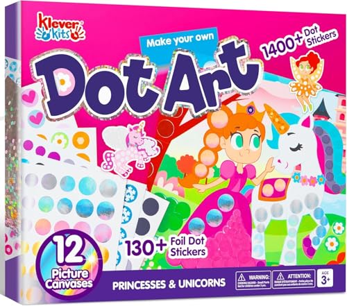Klever Kits Unicorn & Princess Dot Art Kit - 12 No-Mess Sticker Pictures for Toddlers 3-7
