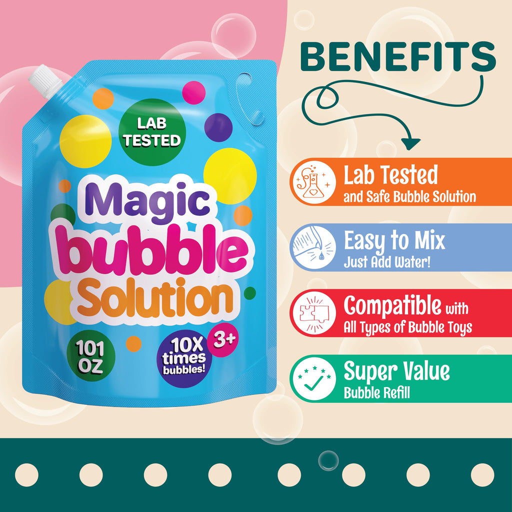 Klevly 101 oz Iridescent Bubble Solution Refill – Non-Toxic Concentrated Add-Water Formula