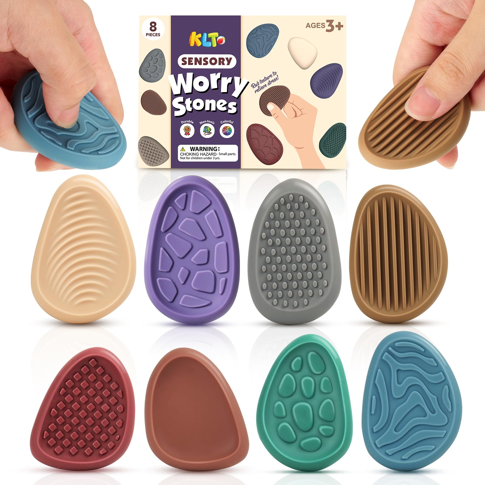 KLT 8-Pack Sensory Worry Stones – Quiet Fidget Toys for Stress Relief & Focus, Silicone Texture Stones for Adults and Kids