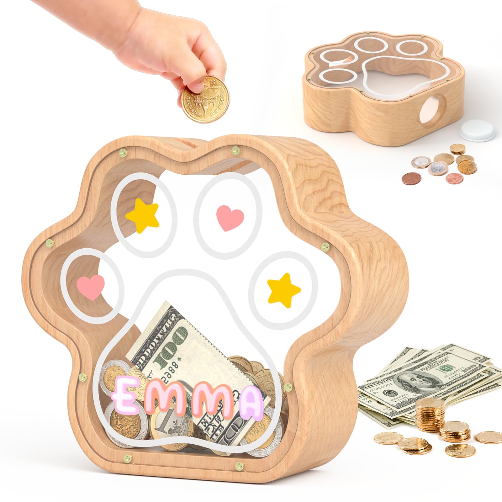 KMC Wooden Cat Paw Piggy Bank – 5-Inch Savings Tracker with Stickers for Toddlers