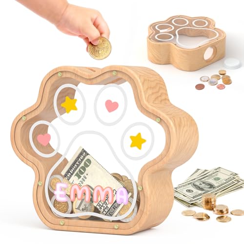 KMC Wooden Cat Paw Piggy Bank – 5-Inch Savings Tracker with Stickers for Toddlers
