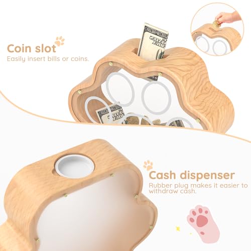 KMC Wooden Cat Paw Piggy Bank – 5-Inch Savings Tracker with Stickers for Toddlers