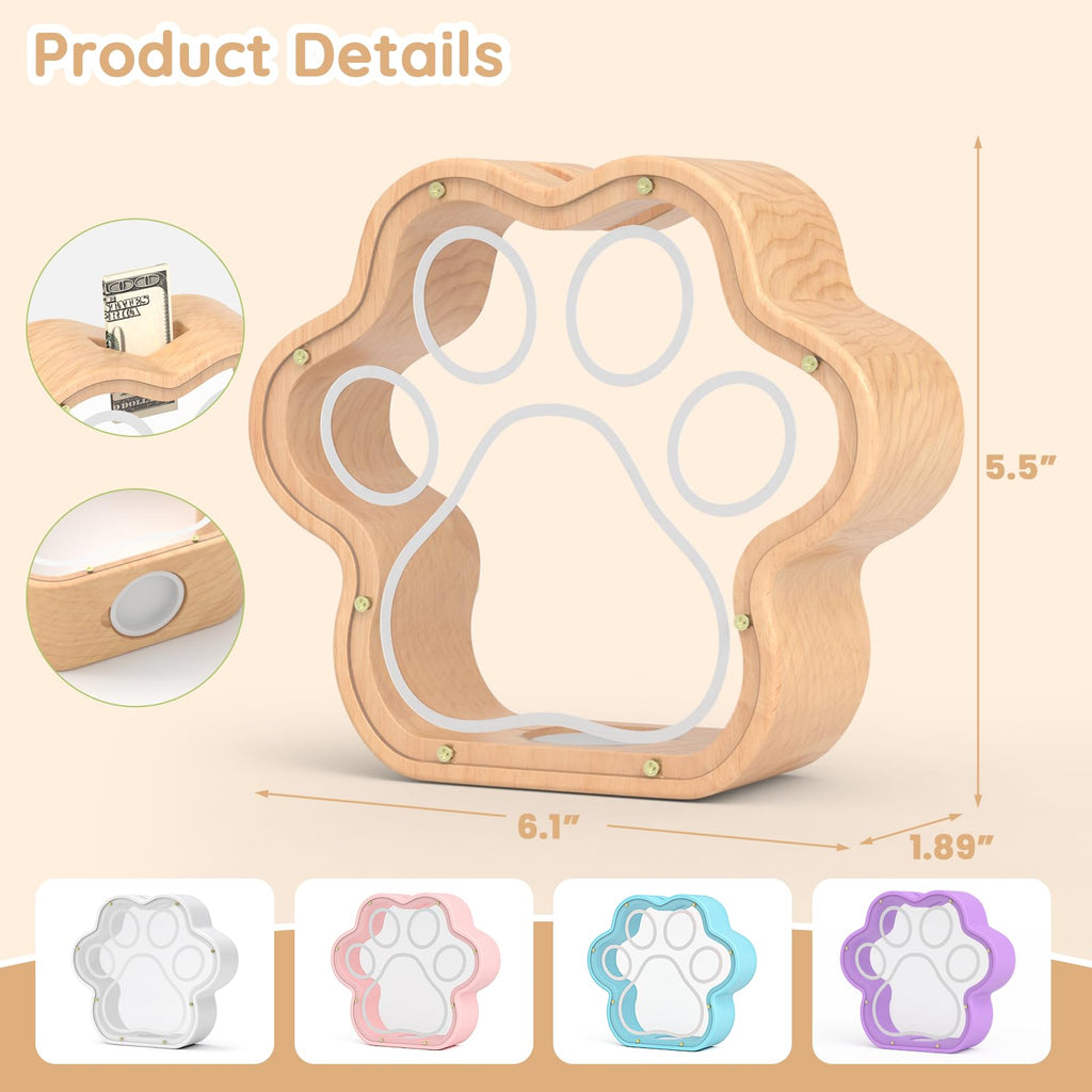 KMC Wooden Cat Paw Piggy Bank – 5-Inch Savings Tracker with Stickers for Toddlers