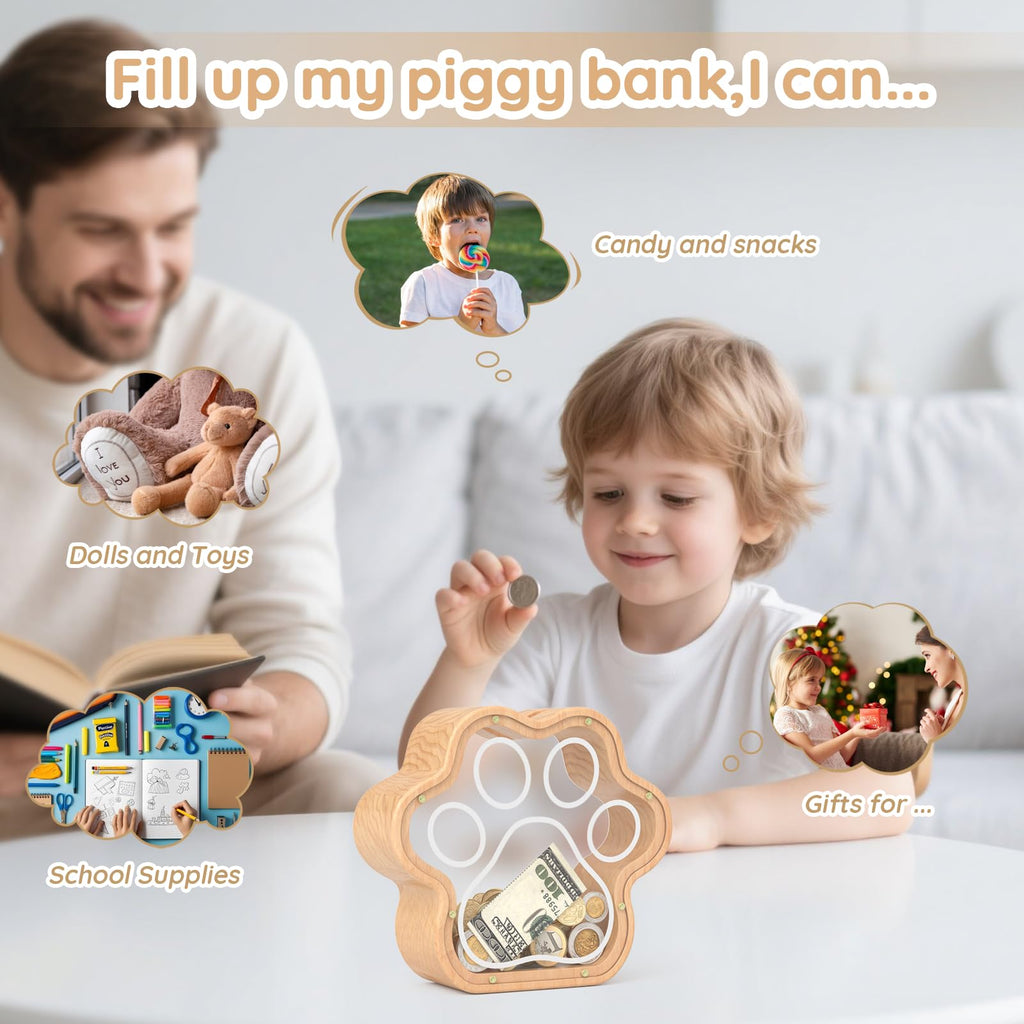 KMC Wooden Cat Paw Piggy Bank – 5-Inch Savings Tracker with Stickers for Toddlers