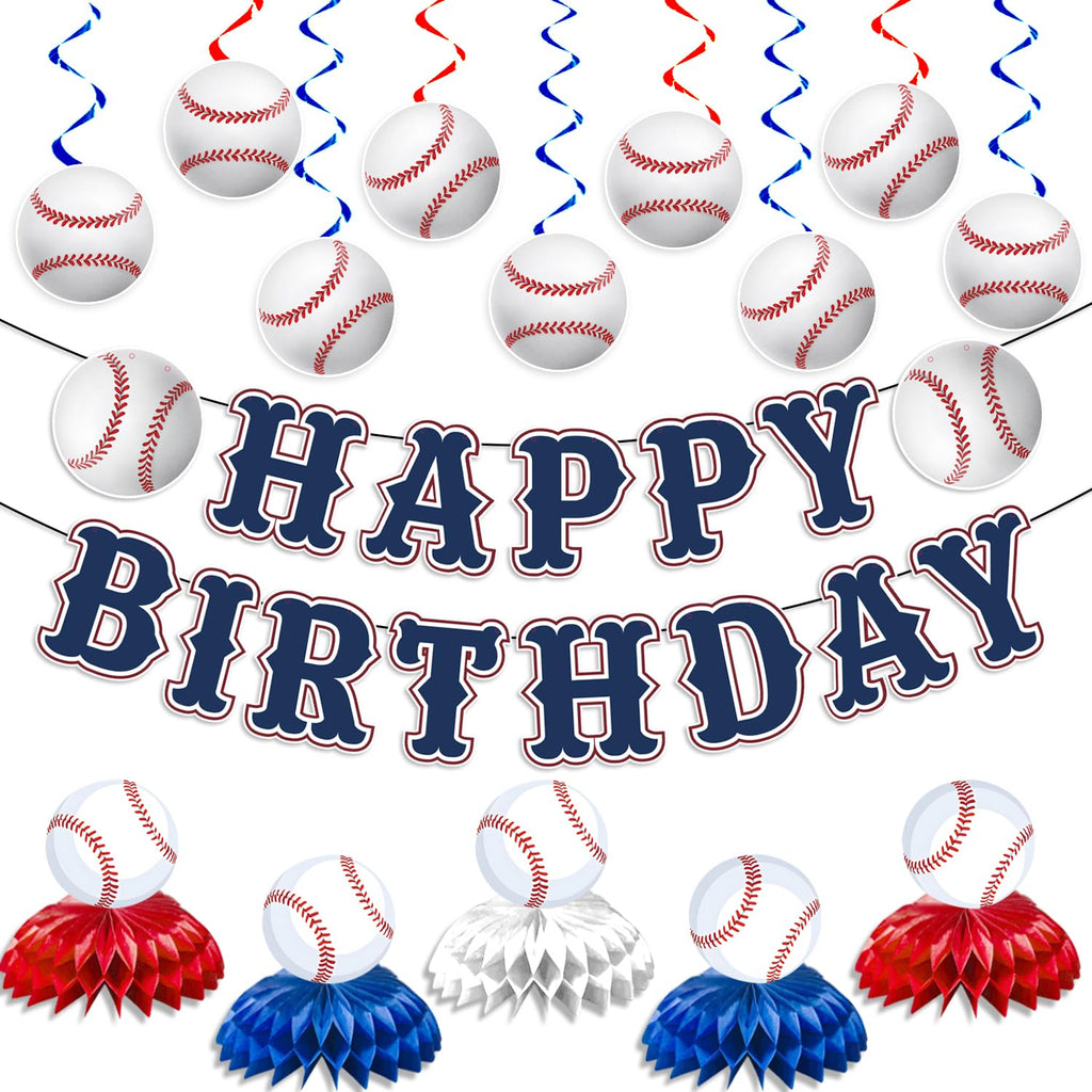 KMCCUMBER Baseball Birthday Party Decorations - Blue White Banner, Swirls & Table Decorations