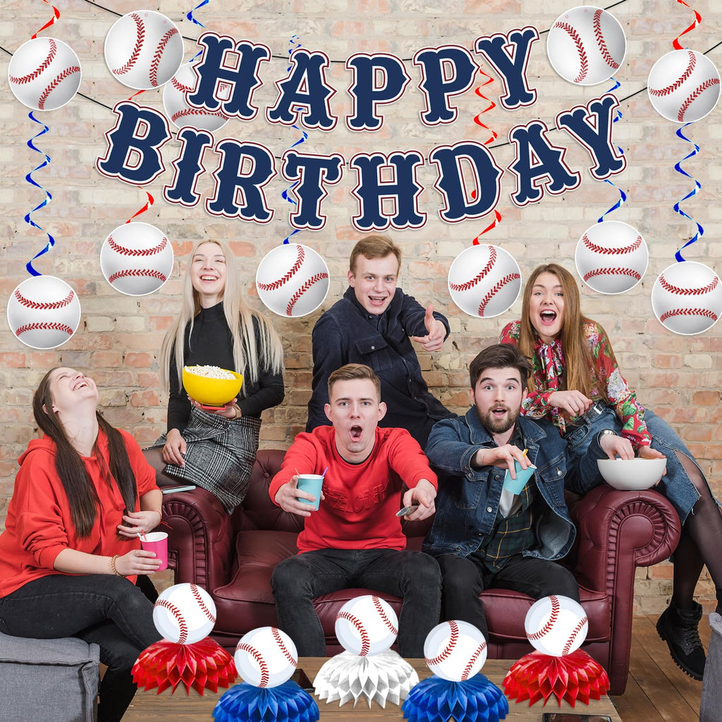 KMCCUMBER Baseball Birthday Party Decorations - Blue White Banner, Swirls & Table Decorations