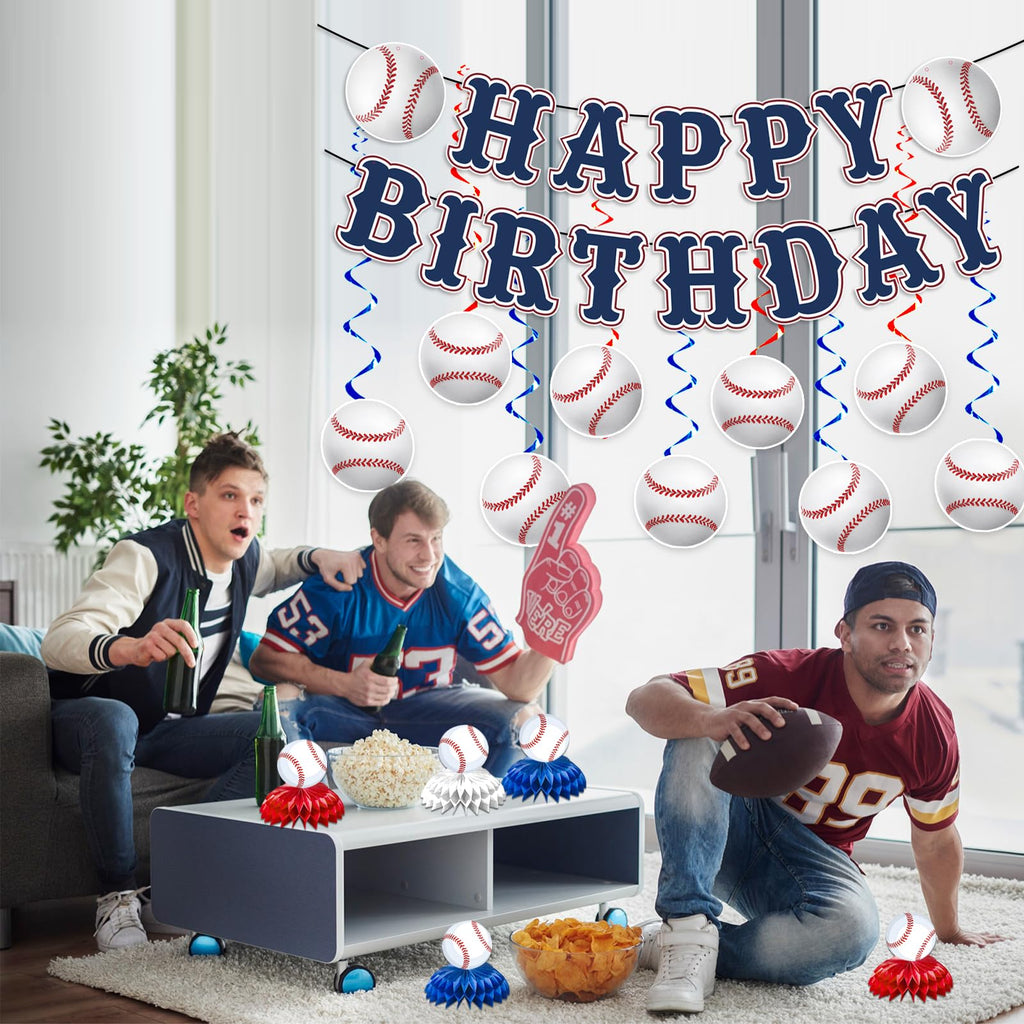 KMCCUMBER Baseball Birthday Party Decorations - Blue White Banner, Swirls & Table Decorations