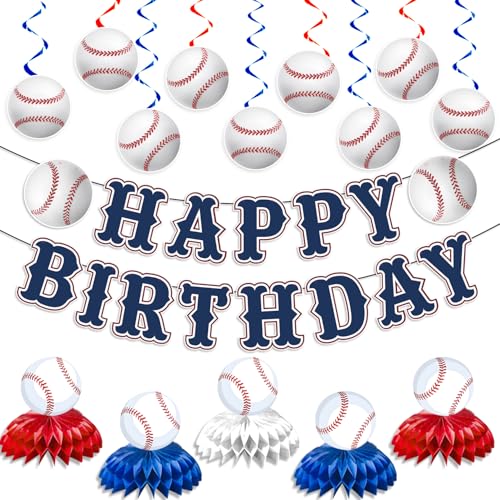 KMCCUMBER Baseball Birthday Party Decorations - Blue White Banner, Swirls & Table Decorations