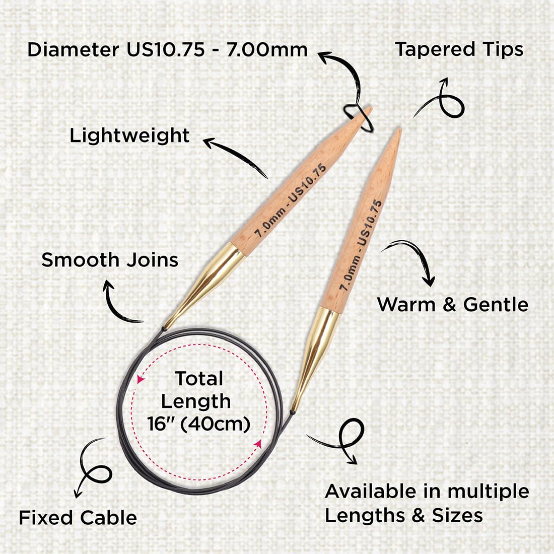 KnitPro Basix Beech Fixed Circular Needles 16" (40 cm) – US Size 10.75 (7 mm) for Smooth, Comfortable Knitting