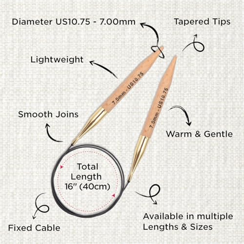 KnitPro Basix Beech Fixed Circular Needles 16" (40 cm) – US Size 10.75 (7 mm) for Smooth, Comfortable Knitting